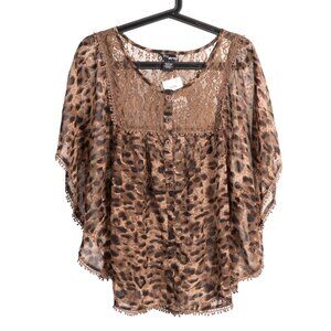 Y2K Leopard Print Blouse L Brown Sheer Lace Whimsy Fairy Boho Flowy Cape Sleeve